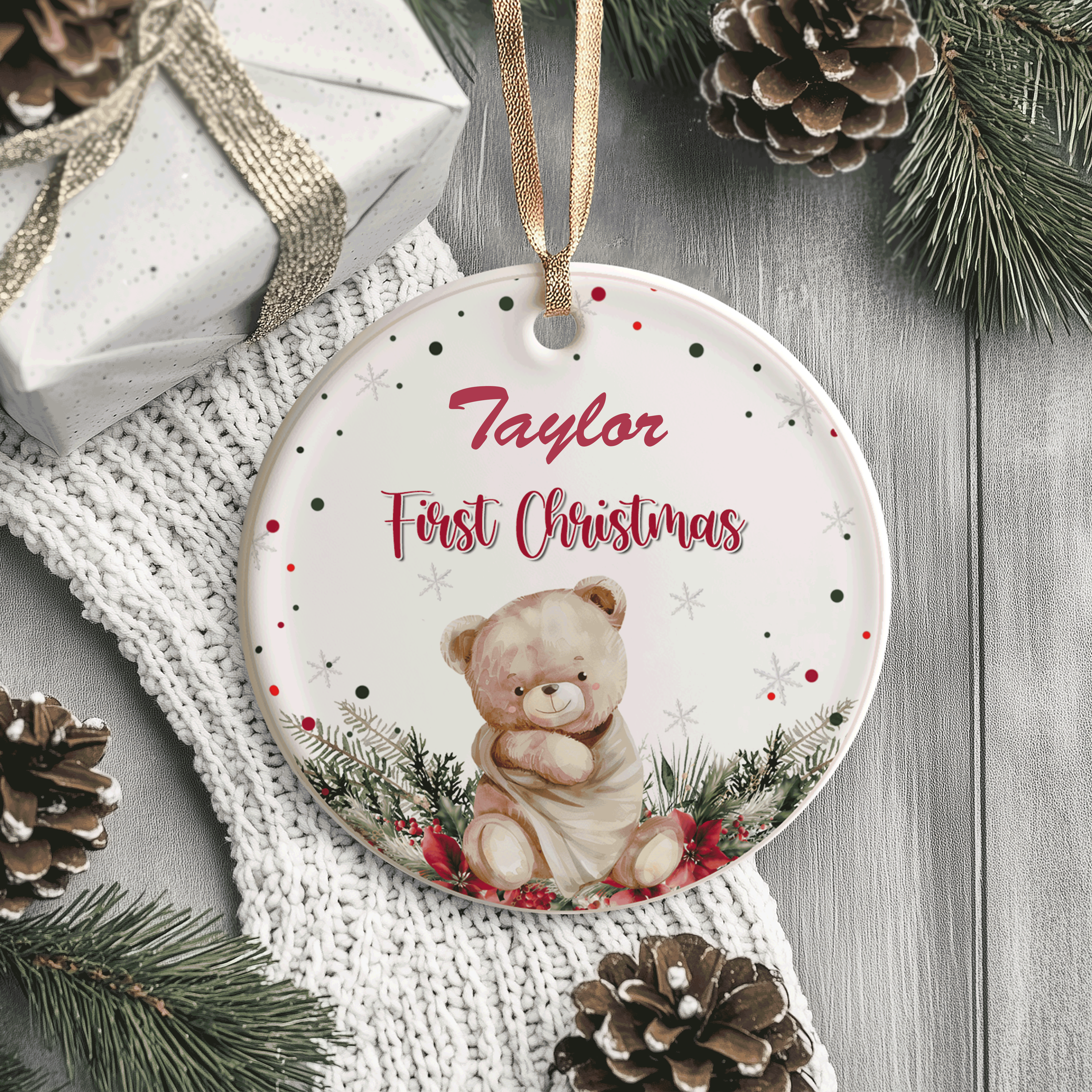 Baby's First Christmas Bear | Cute Holiday Keepsake for Newborn | Ceramic Ornament